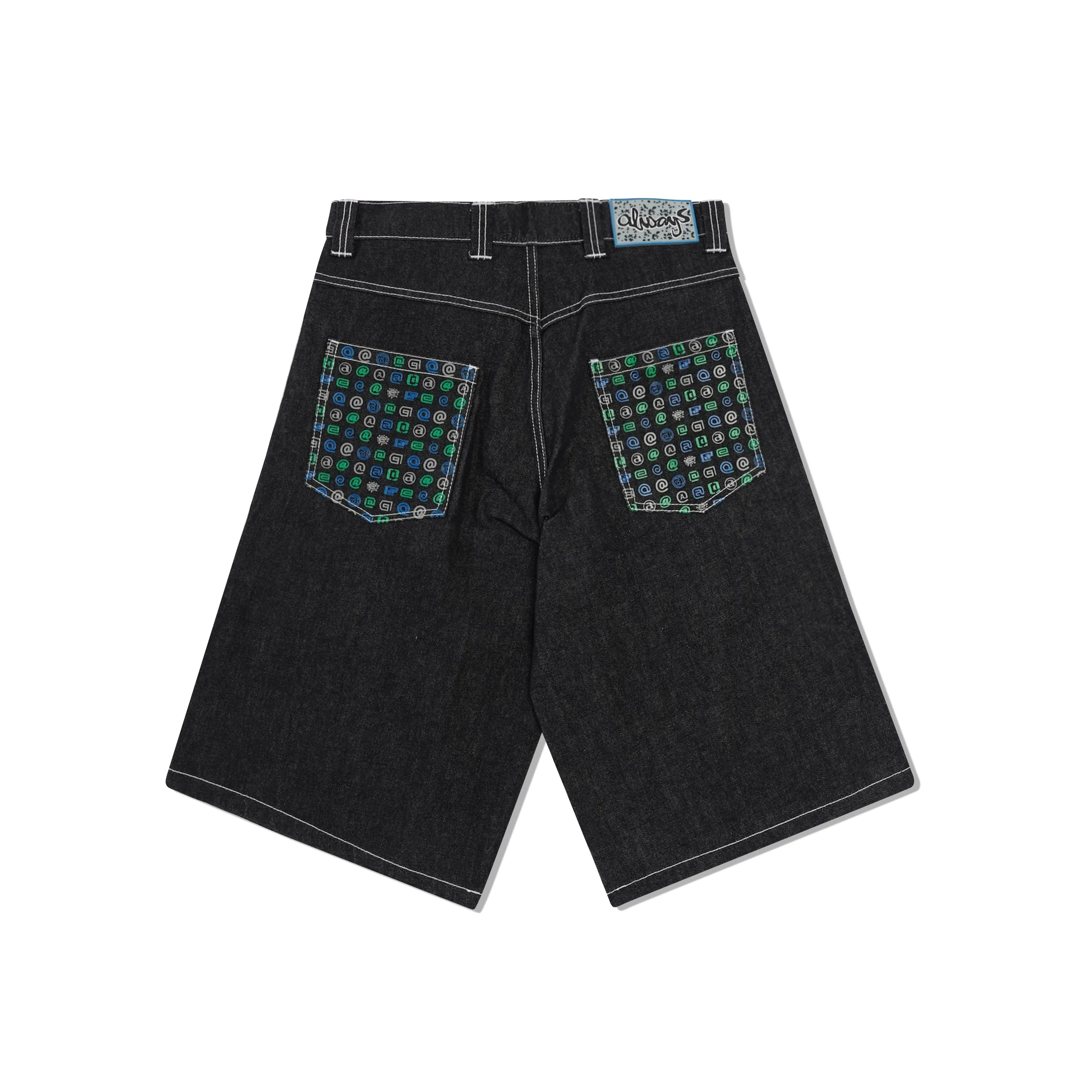 Back Pocket Print Denim Shorts, Black - Image 2