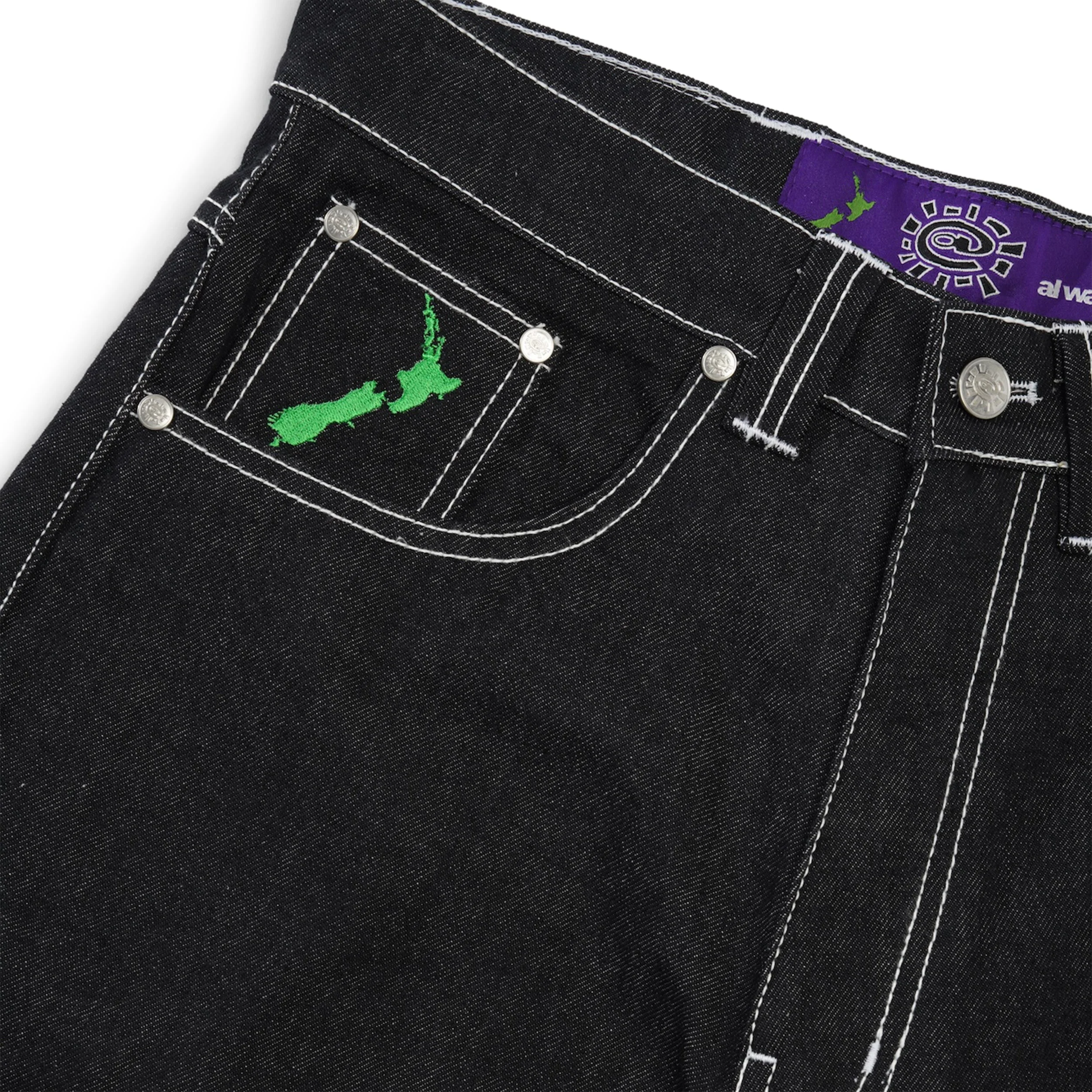 Back Pocket Print Denim Shorts, Black - Image 3