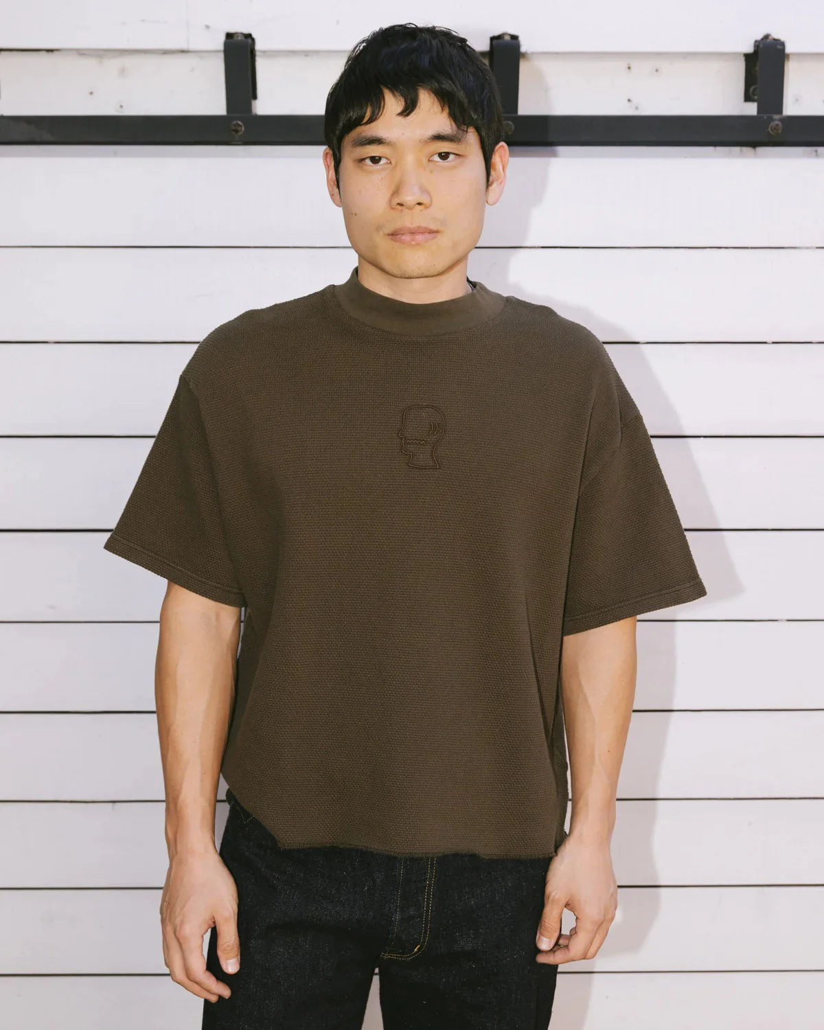 Boxy Thermal Mock Neck Tee, Brown - Image 4