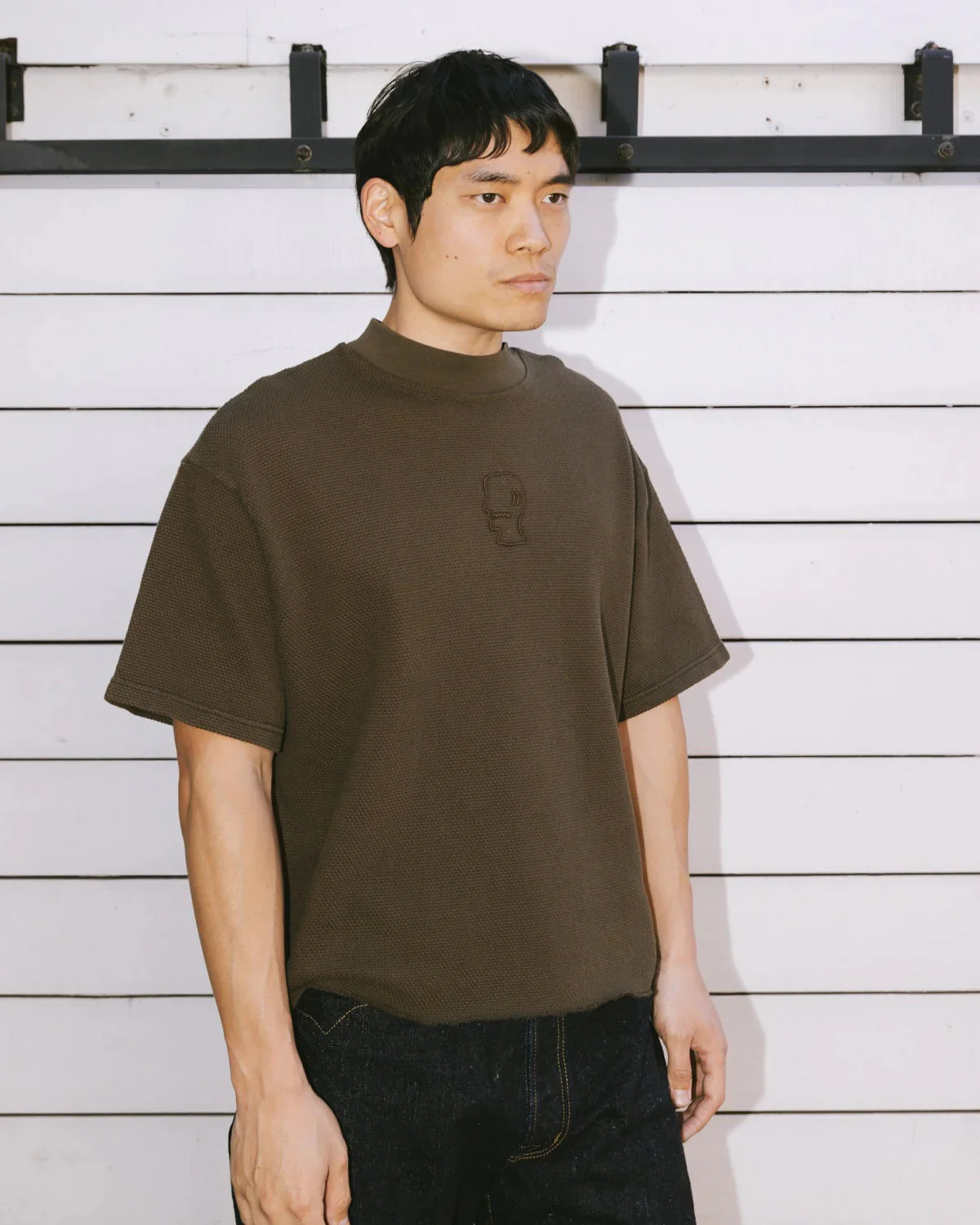 Boxy Thermal Mock Neck Tee, Brown - Image 6