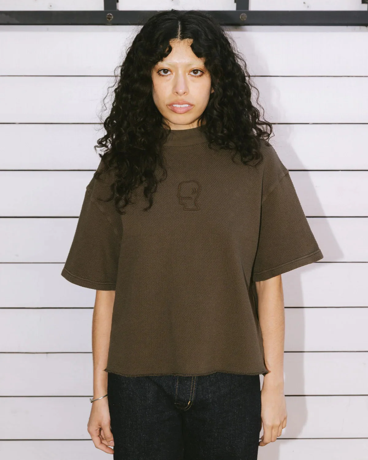 Boxy Thermal Mock Neck Tee, Brown - Image 7