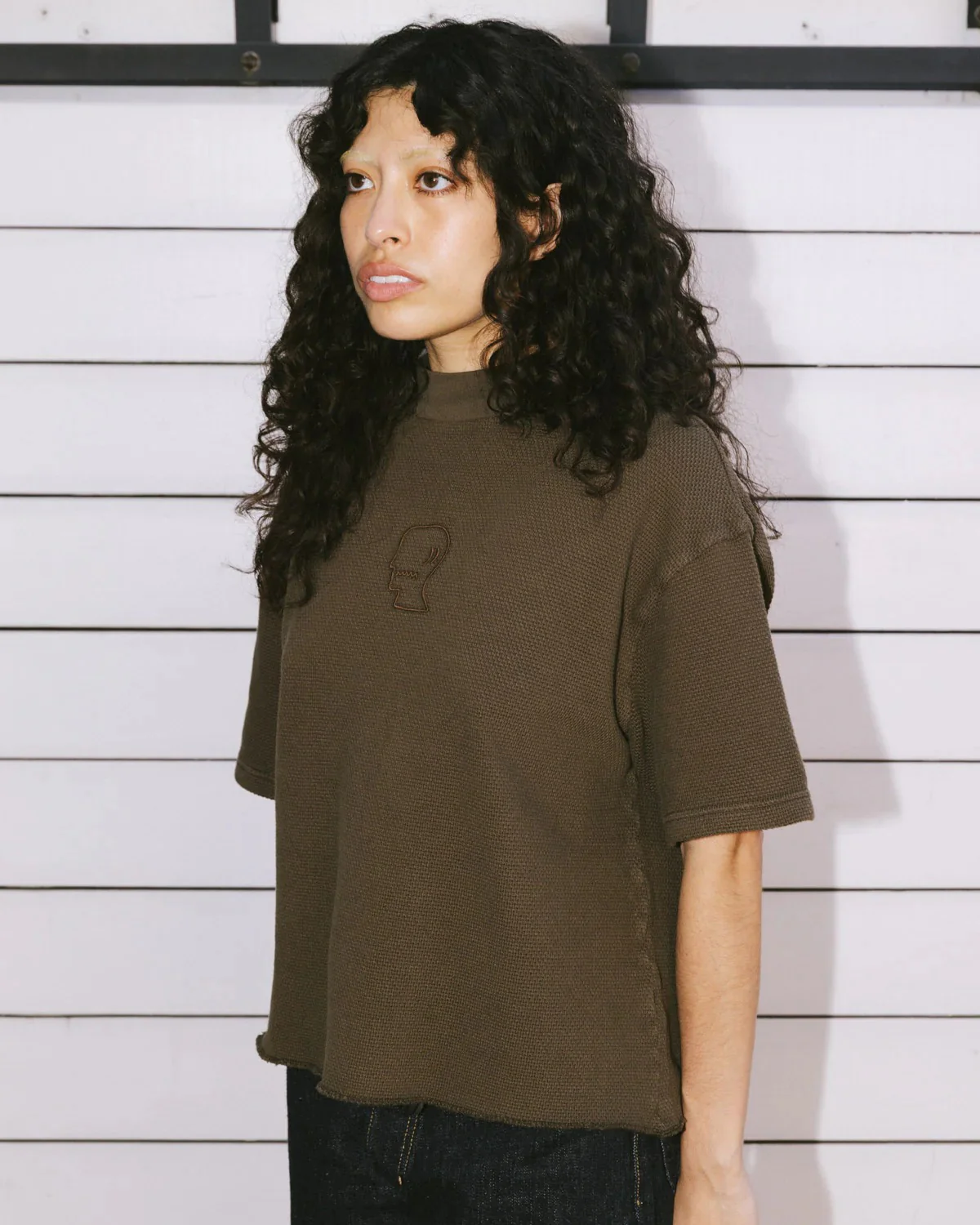 Boxy Thermal Mock Neck Tee, Brown - Image 8