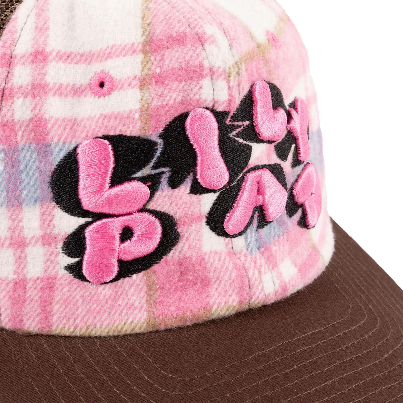 Lilypad Custom 6 Panel Unstructured Mesh Hat, Pink / Blue Flannel & Brown - Image 3