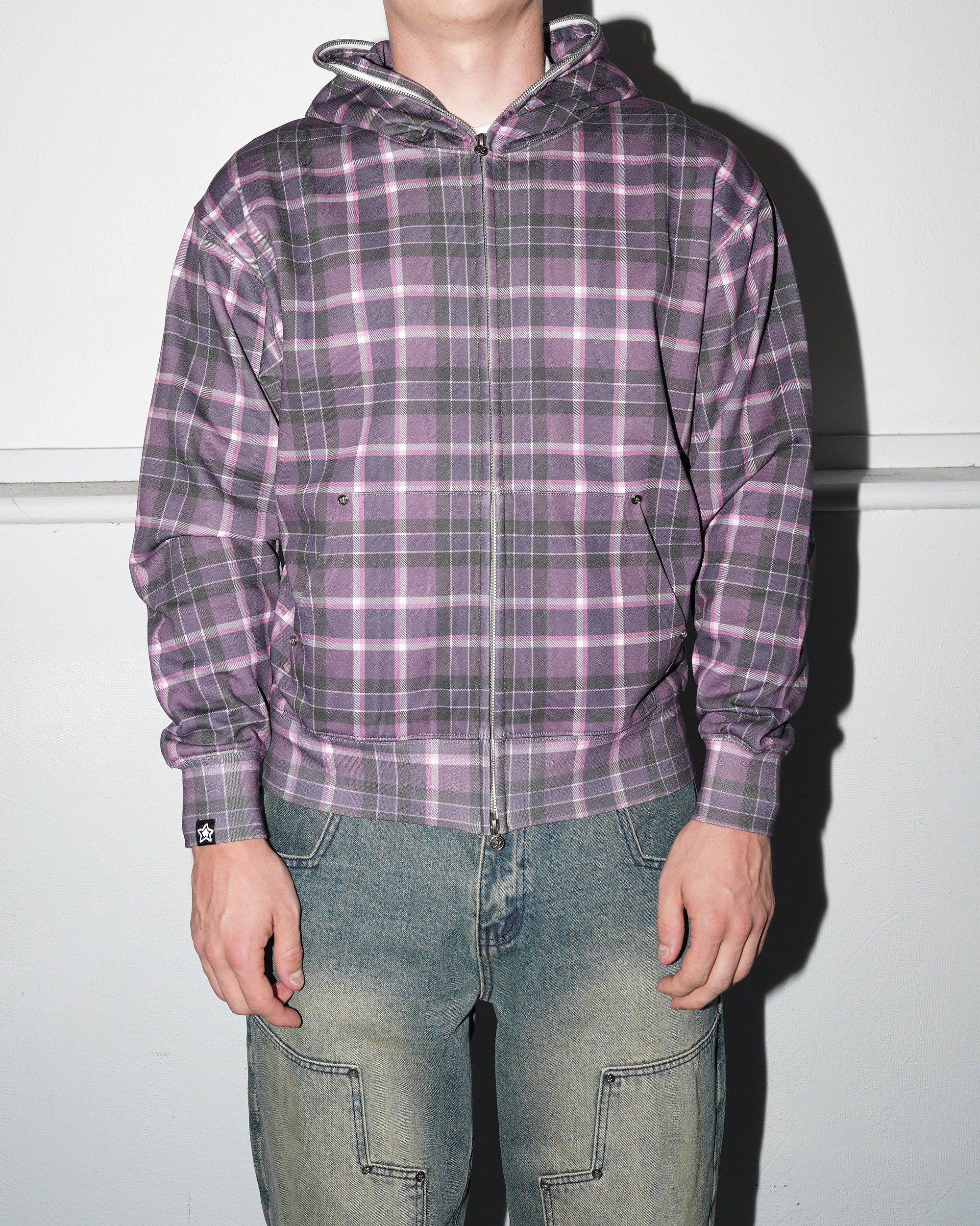 Plaid Full Zip Pullover Hood, Brown - Image 4