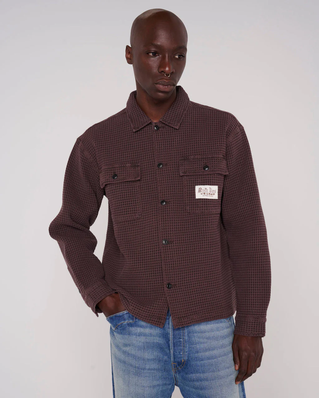 Waffle Button Front Shirt, Chocolate - Image 3